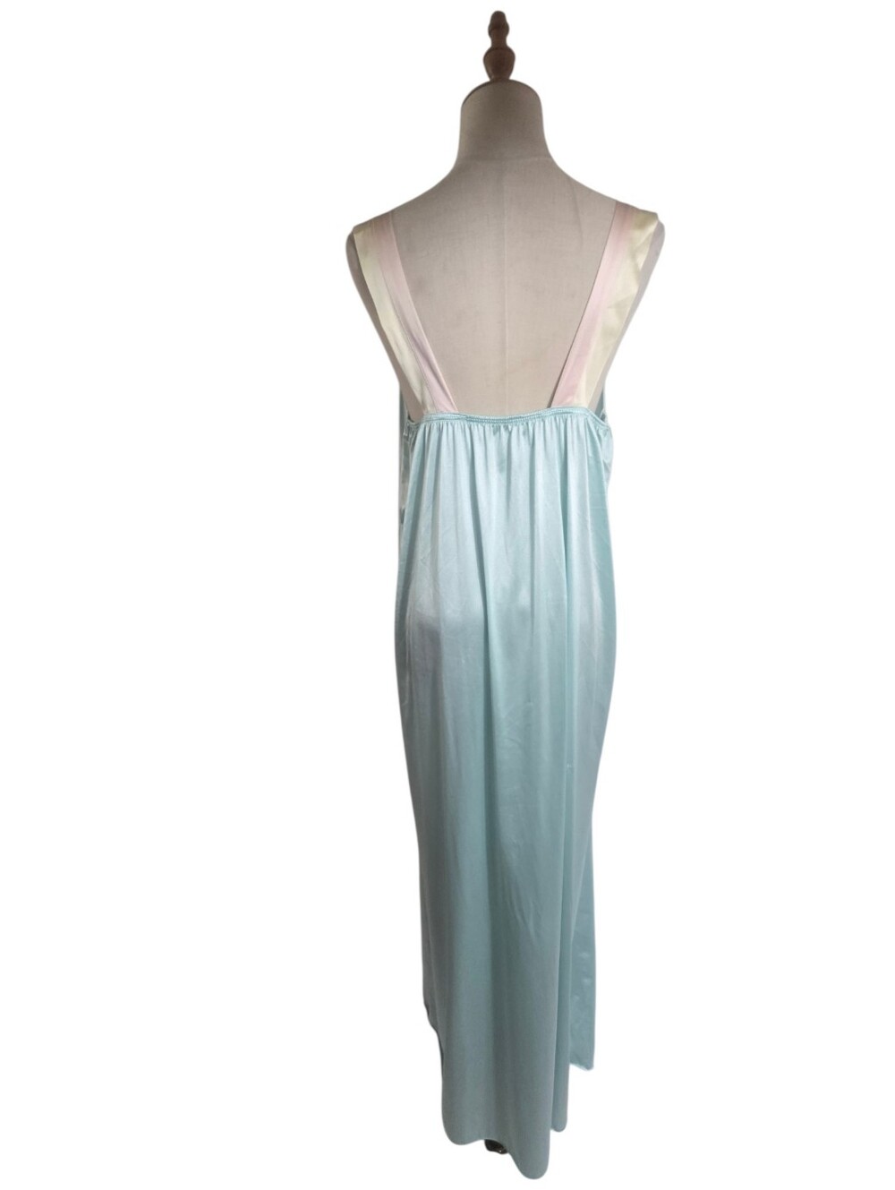 Vanity Fair Vintage Aqua Satin Long Robe &Nightie Set Pale Pink and Cream Trim - Picture 8 of 14